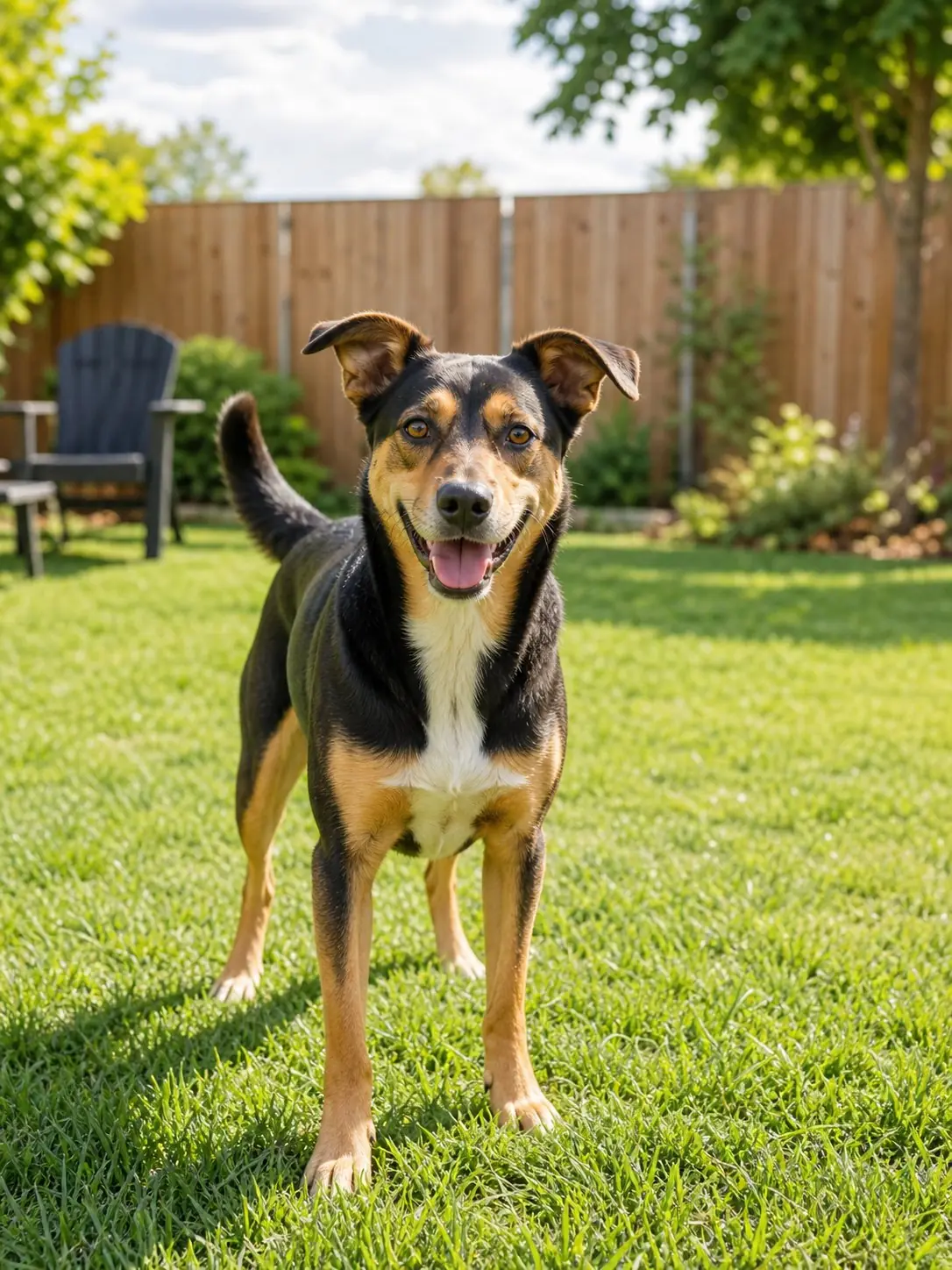 Happy dog in a clean green backyard